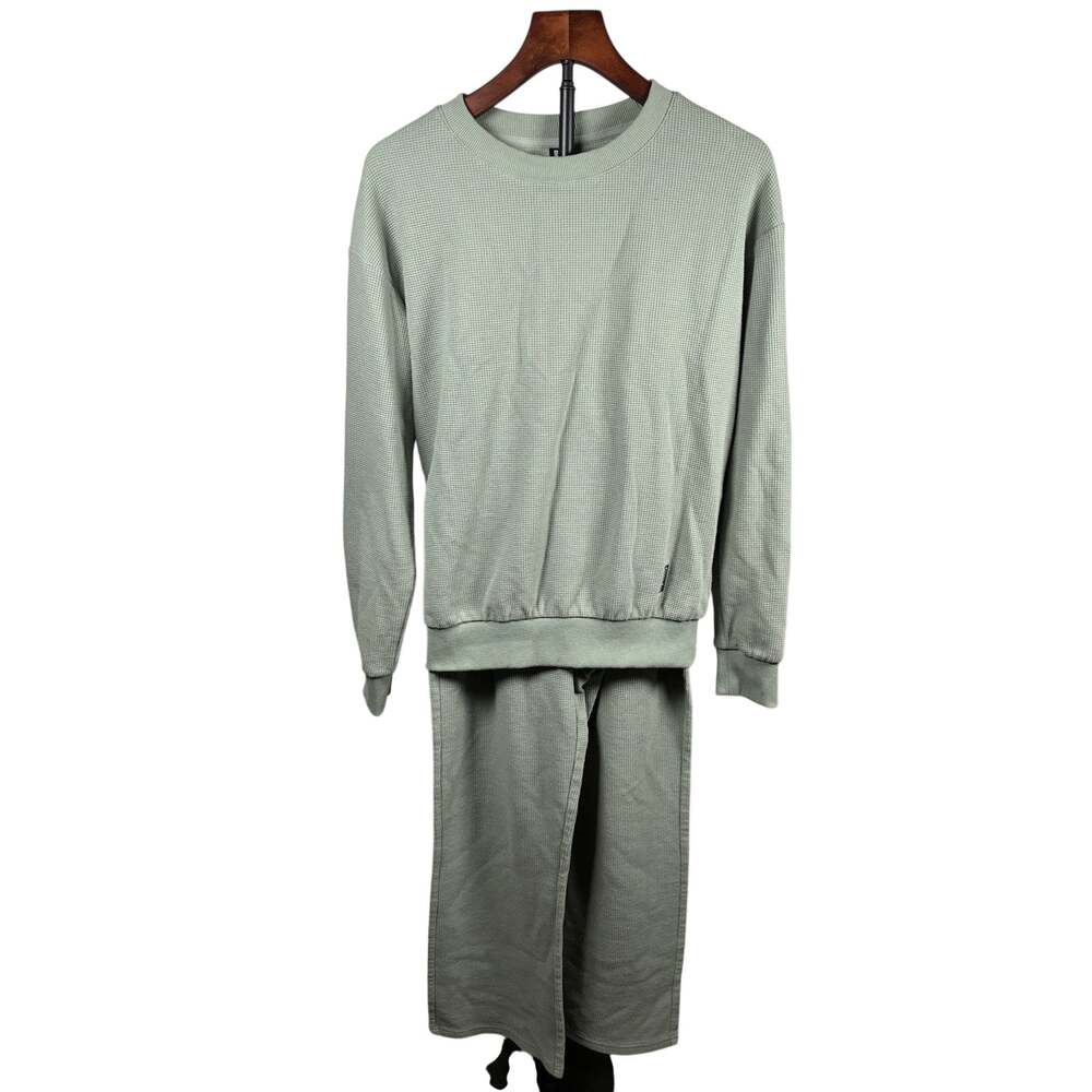 Comfrt XS Waffle Knit 2 Piece Lounge Set Sage Green Sweatshirt Wide Leg Pants